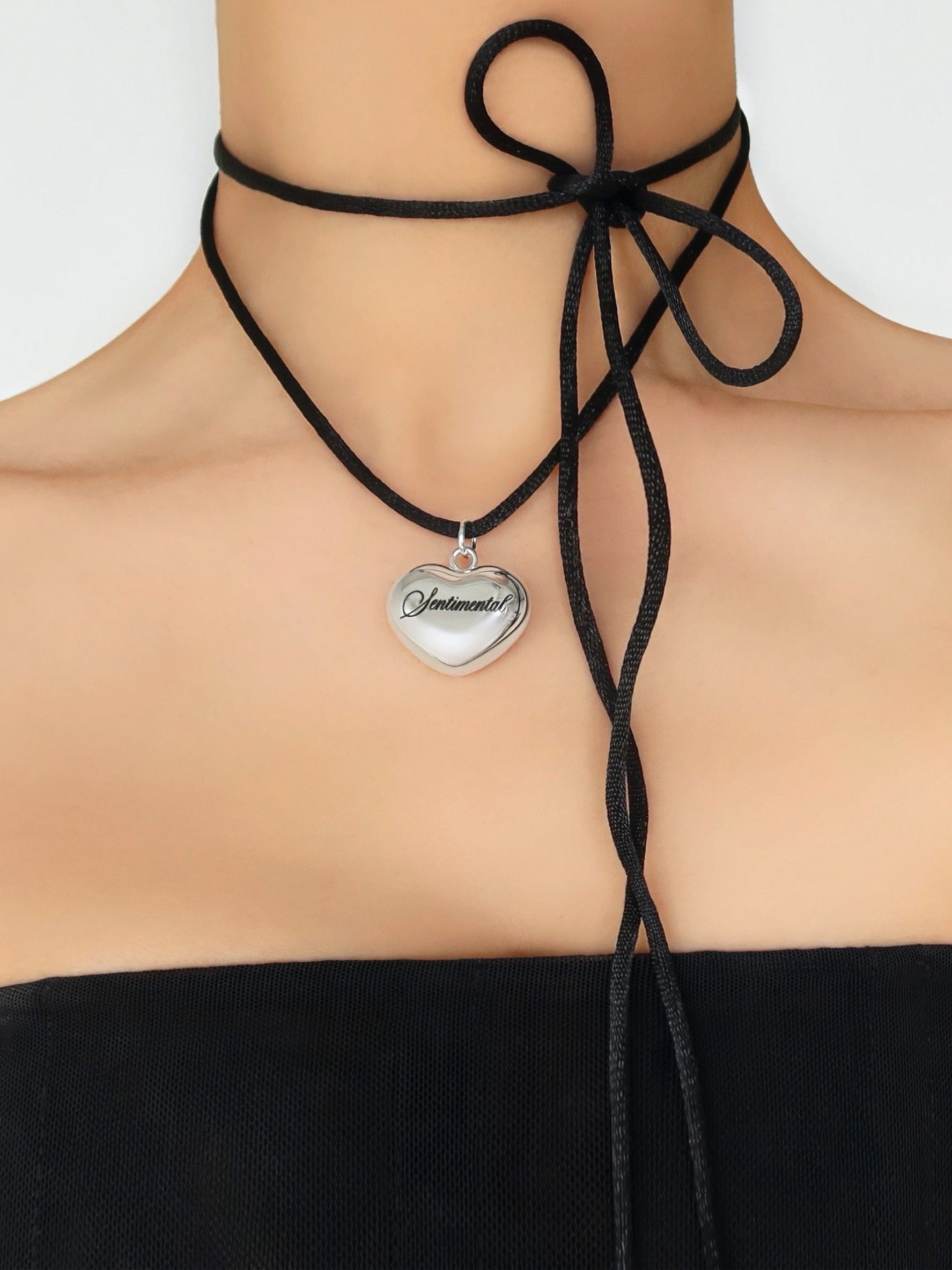 Puffed Heart String Necklace Black Cord Long Wrap Tie Choker