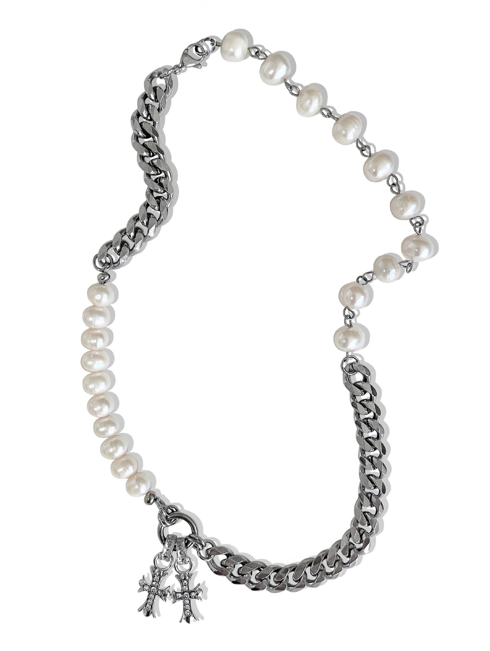 ASHER CROSS HALF & HALF FRESHWATER PEARL NECKLACE