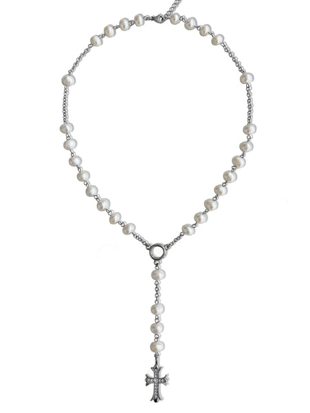 【HALEINE】 25SS/CROSS ROSARY NECKLACE (2COLORS) Two-Tone Stainless Steel Cross Rosary Necklace, Color: White