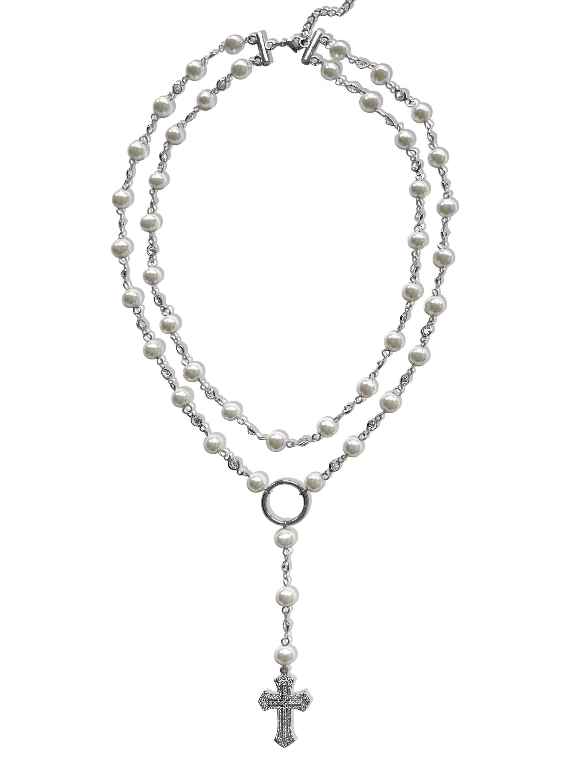 GABRIETTE LAYERED PEARL ROSARY NECKLACE