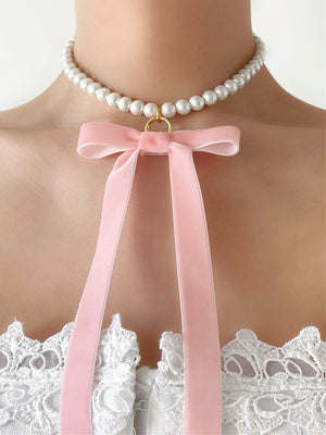 VALENTINA PINK VELVET BOW PEARL NECKLACE