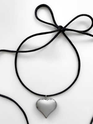 Puffed Heart String Necklace Black Cord Long Wrap Tie Choker