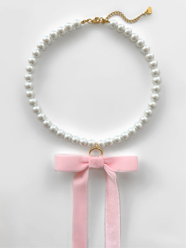 VALENTINA PINK VELVET BOW PEARL NECKLACE