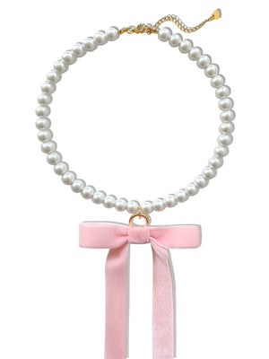 VALENTINA PINK VELVET BOW PEARL NECKLACE