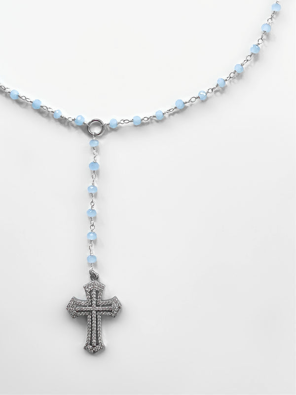 LANA BLUE CHALCEDONY GEMSTONE ROSARY NECKLACE