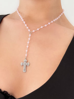 LANA ROSE QUARTZ ROSARY NECKLACE