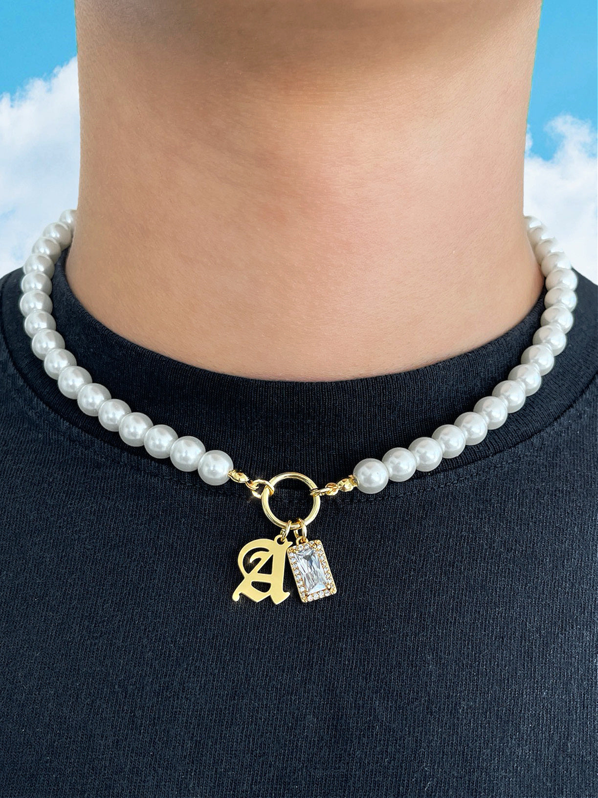 GOLD CUSTOM INITIAL GEMSTONE PEARL NECKLACE